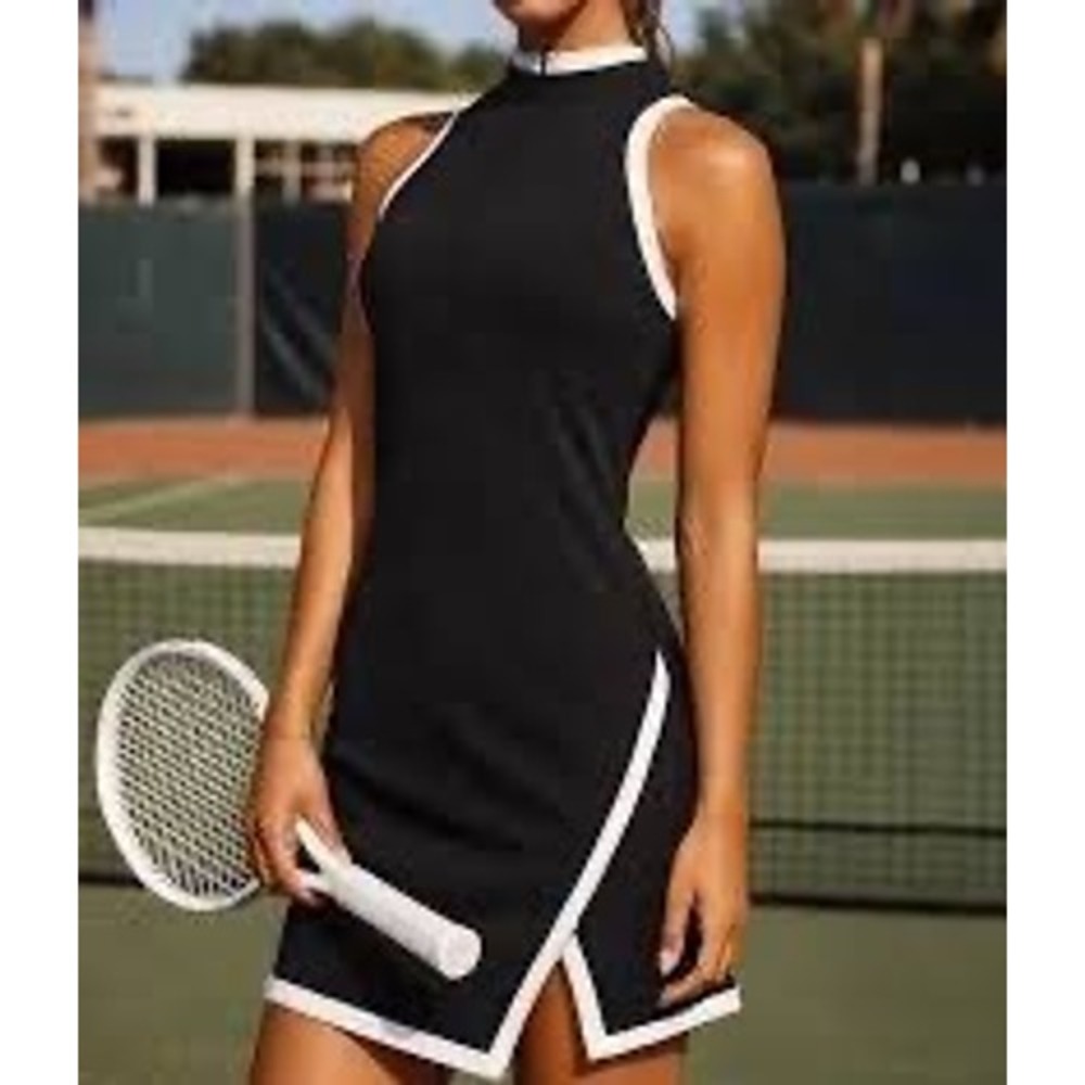 MICHI Women Black White Mock Neck Quarter Zip Tennis Dress Sleeveless Athletic